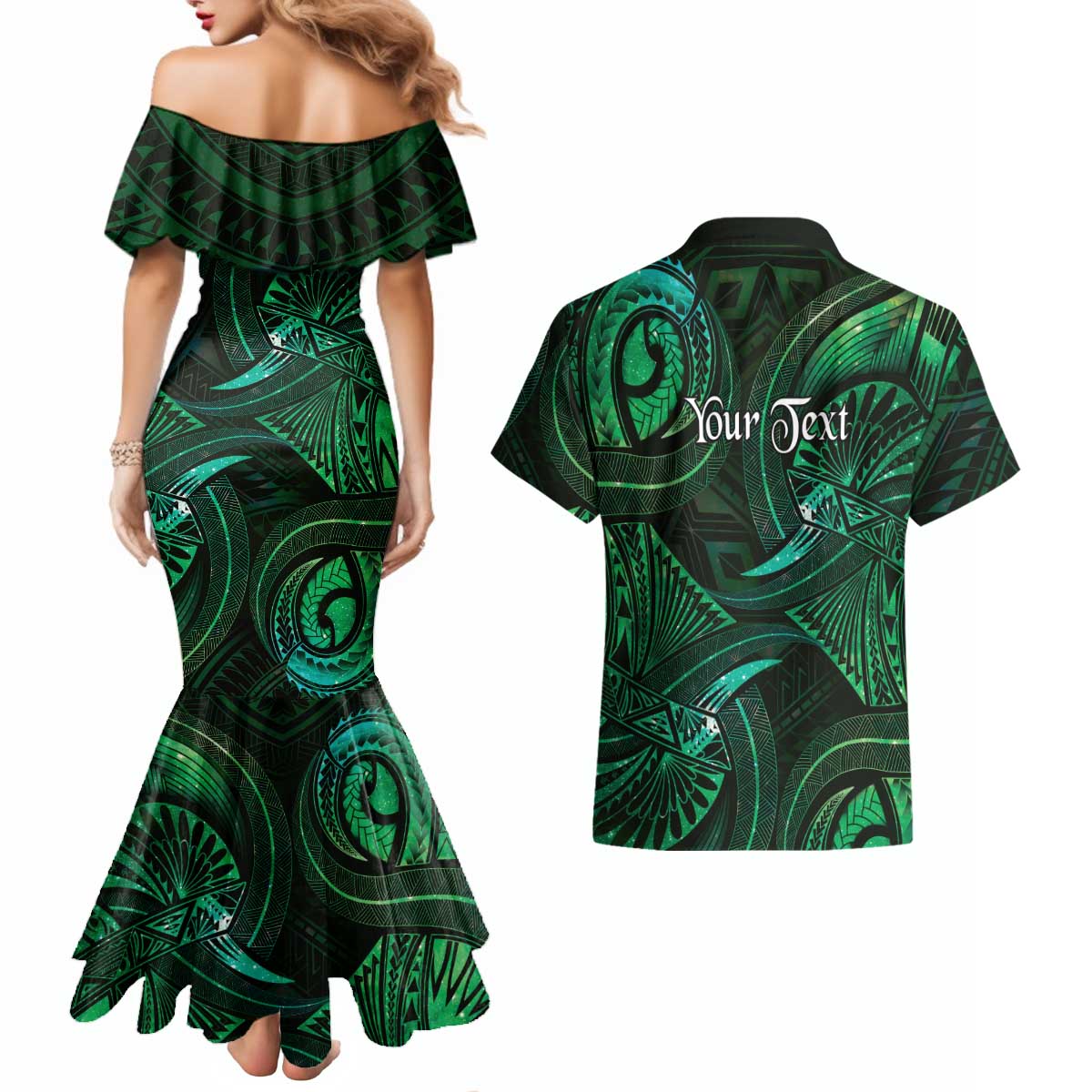 Personalised Polynesia Zodiac Taurus Couples Matching Mermaid Dress and Hawaiian Shirt Galaxy Polynesian Pattern Chest Tattoo Style LT14 - Polynesian Pride