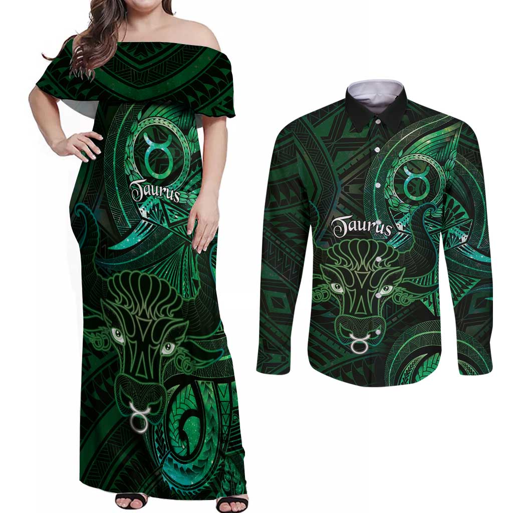 Personalised Polynesia Zodiac Taurus Couples Matching Off Shoulder Maxi Dress and Long Sleeve Button Shirt Galaxy Polynesian Pattern Chest Tattoo Style