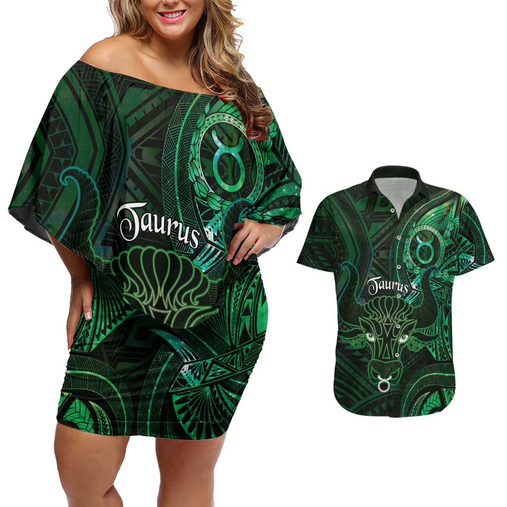 Personalised Polynesia Zodiac Taurus Couples Matching Off Shoulder Short Dress and Hawaiian Shirt Galaxy Polynesian Pattern Chest Tattoo Style LT14 Green - Polynesian Pride