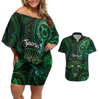 Personalised Polynesia Zodiac Taurus Couples Matching Off Shoulder Short Dress and Hawaiian Shirt Galaxy Polynesian Pattern Chest Tattoo Style LT14 Green - Polynesian Pride