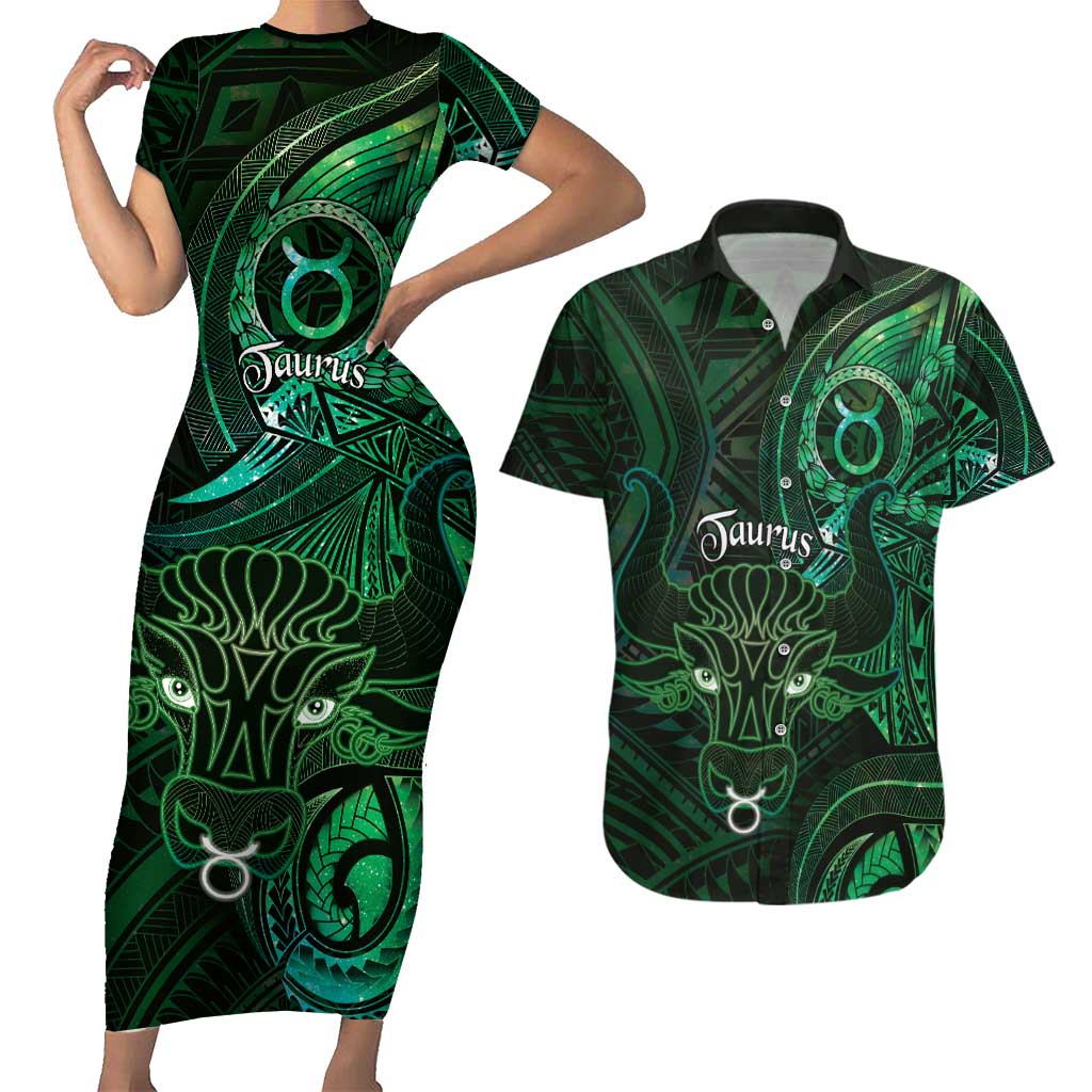 Personalised Polynesia Zodiac Taurus Couples Matching Short Sleeve Bodycon Dress and Hawaiian Shirt Galaxy Polynesian Pattern Chest Tattoo Style LT14 Green - Polynesian Pride