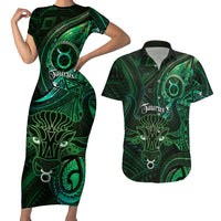 Personalised Polynesia Zodiac Taurus Couples Matching Short Sleeve Bodycon Dress and Hawaiian Shirt Galaxy Polynesian Pattern Chest Tattoo Style LT14 Green - Polynesian Pride
