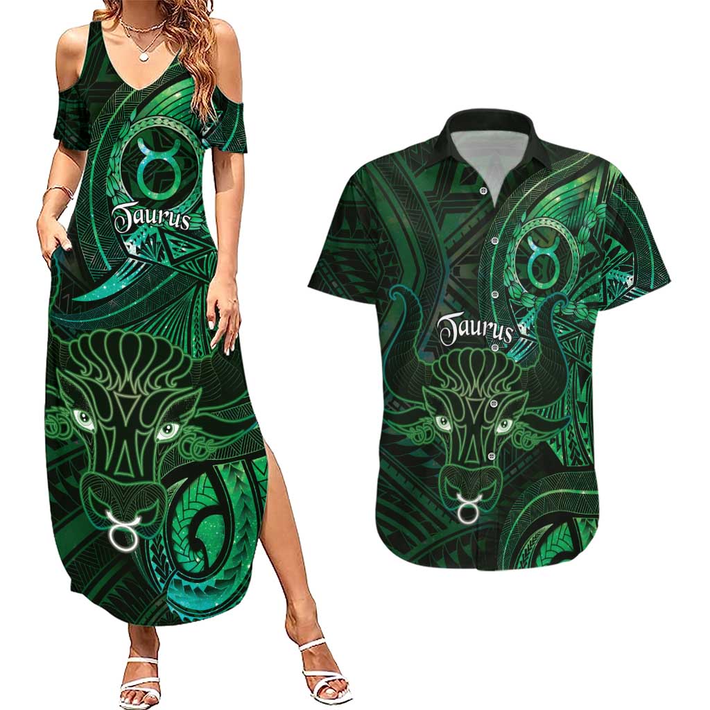 Personalised Polynesia Zodiac Taurus Couples Matching Summer Maxi Dress and Hawaiian Shirt Galaxy Polynesian Pattern Chest Tattoo Style