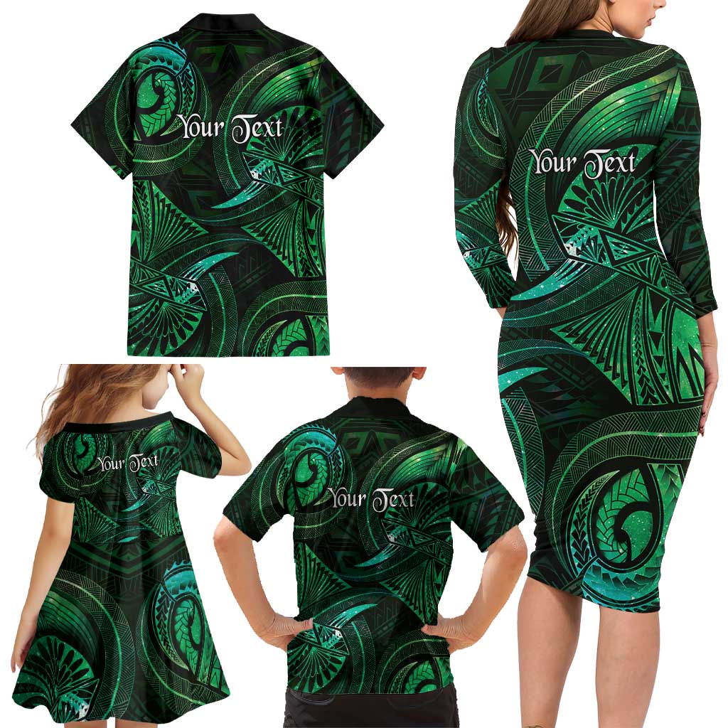 Personalised Polynesia Zodiac Taurus Family Matching Long Sleeve Bodycon Dress and Hawaiian Shirt Galaxy Polynesian Pattern Chest Tattoo Style