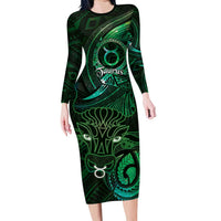 Personalised Polynesia Zodiac Taurus Family Matching Long Sleeve Bodycon Dress and Hawaiian Shirt Galaxy Polynesian Pattern Chest Tattoo Style