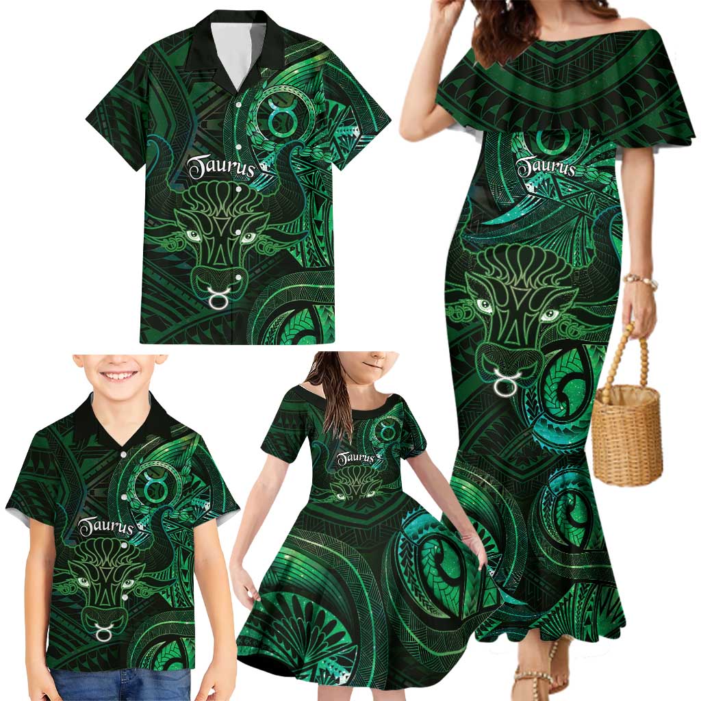 Personalised Polynesia Zodiac Taurus Family Matching Mermaid Dress and Hawaiian Shirt Galaxy Polynesian Pattern Chest Tattoo Style