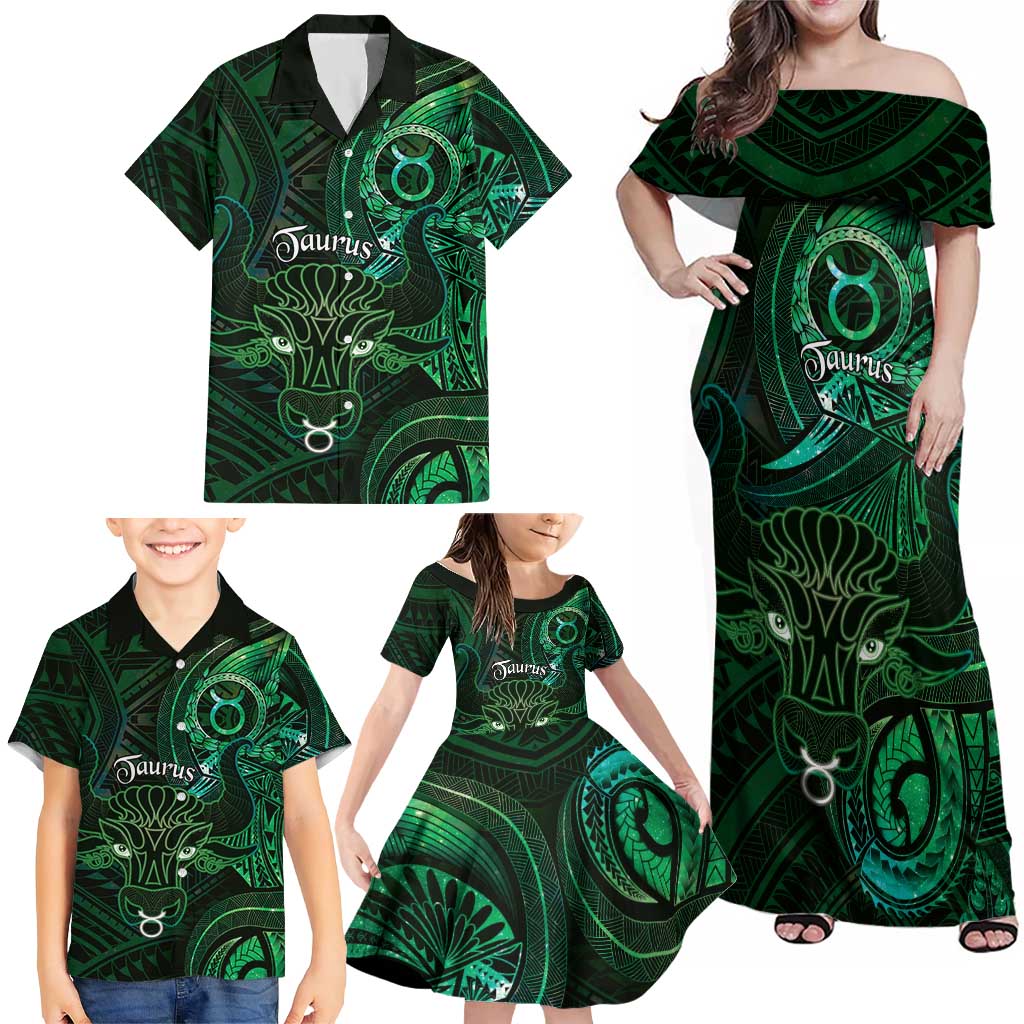 Personalised Polynesia Zodiac Taurus Family Matching Off Shoulder Maxi Dress and Hawaiian Shirt Galaxy Polynesian Pattern Chest Tattoo Style