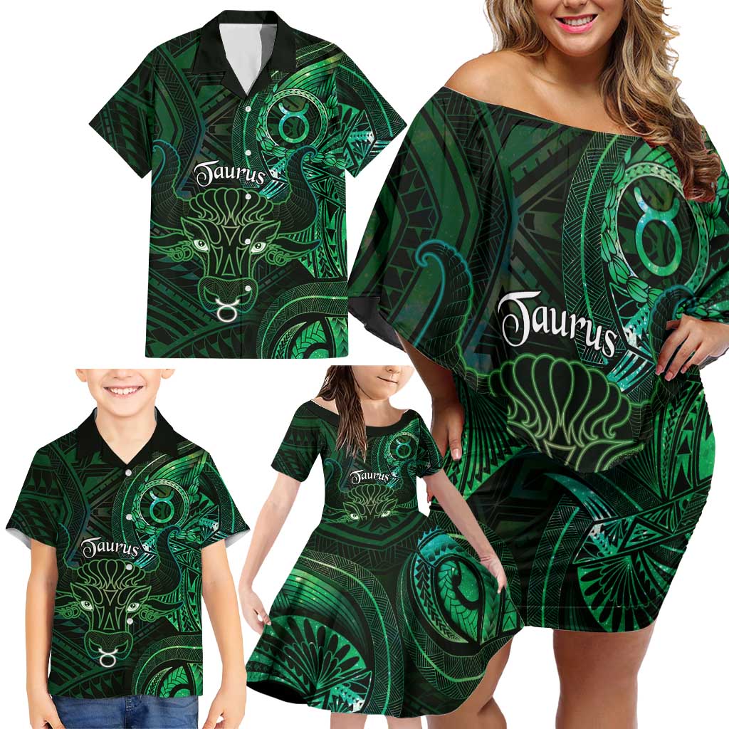Personalised Polynesia Zodiac Taurus Family Matching Off Shoulder Short Dress and Hawaiian Shirt Galaxy Polynesian Pattern Chest Tattoo Style