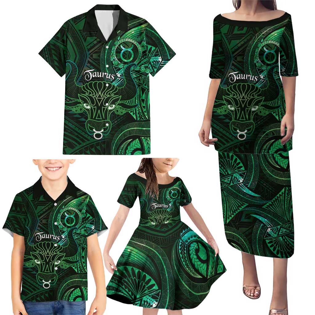 Personalised Polynesia Zodiac Taurus Family Matching Puletasi and Hawaiian Shirt Galaxy Polynesian Pattern Chest Tattoo Style