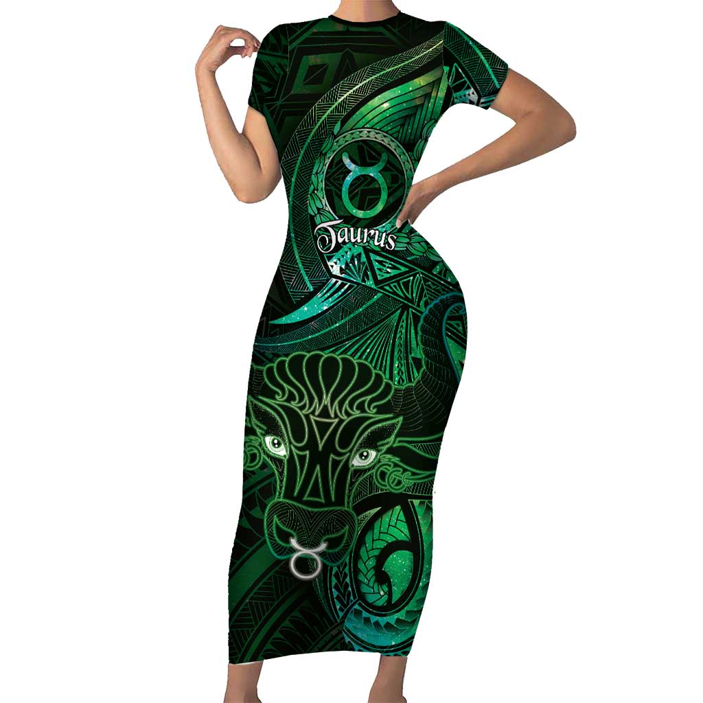 Personalised Polynesia Zodiac Taurus Family Matching Short Sleeve Bodycon Dress and Hawaiian Shirt Galaxy Polynesian Pattern Chest Tattoo Style