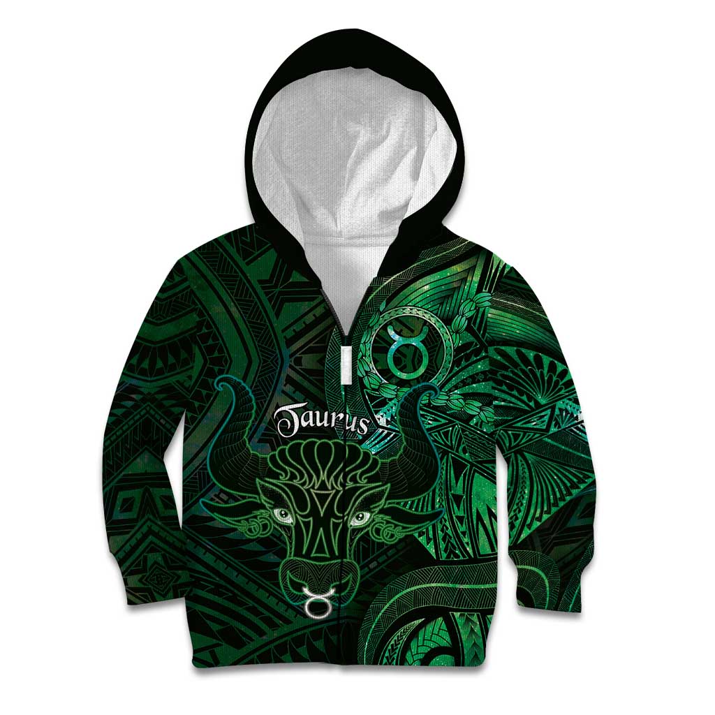 Personalised Polynesia Zodiac Taurus Kid Hoodie Galaxy Polynesian Pattern Chest Tattoo Style LT14 Zip Hoodie Green - Polynesian Pride