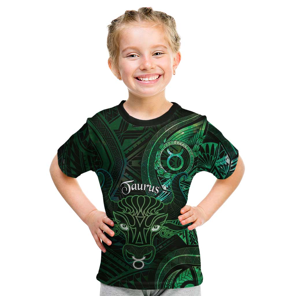 Personalised Polynesia Zodiac Taurus Kid T Shirt Galaxy Polynesian Pattern Chest Tattoo Style LT14 Green - Polynesian Pride