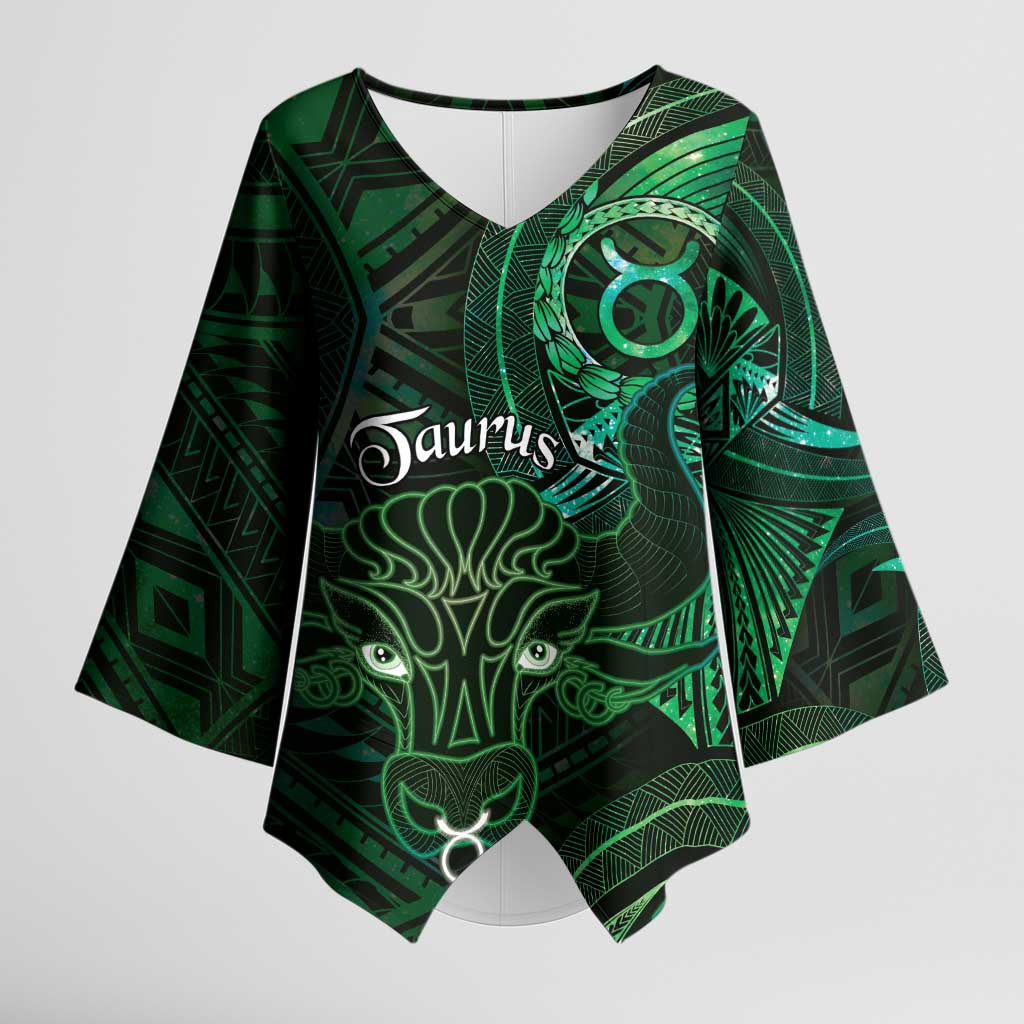 Personalised Polynesia Zodiac Taurus Kimono Sleeve Blouse Galaxy Polynesian Pattern Chest Tattoo Style LT14 Female Green - Polynesian Pride