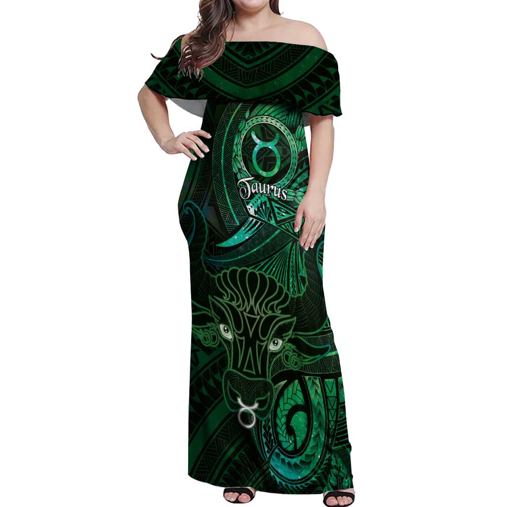 Personalised Polynesia Zodiac Taurus Off Shoulder Maxi Dress Galaxy Polynesian Pattern Chest Tattoo Style LT14 Women Green - Polynesian Pride