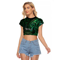 Personalised Polynesia Zodiac Taurus Raglan Cropped T Shirt Galaxy Polynesian Pattern Chest Tattoo Style LT14 Female Green - Polynesian Pride