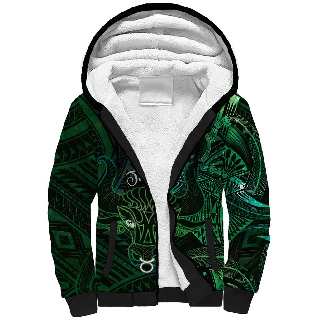Personalised Polynesia Zodiac Taurus Sherpa Hoodie Galaxy Polynesian Pattern Chest Tattoo Style