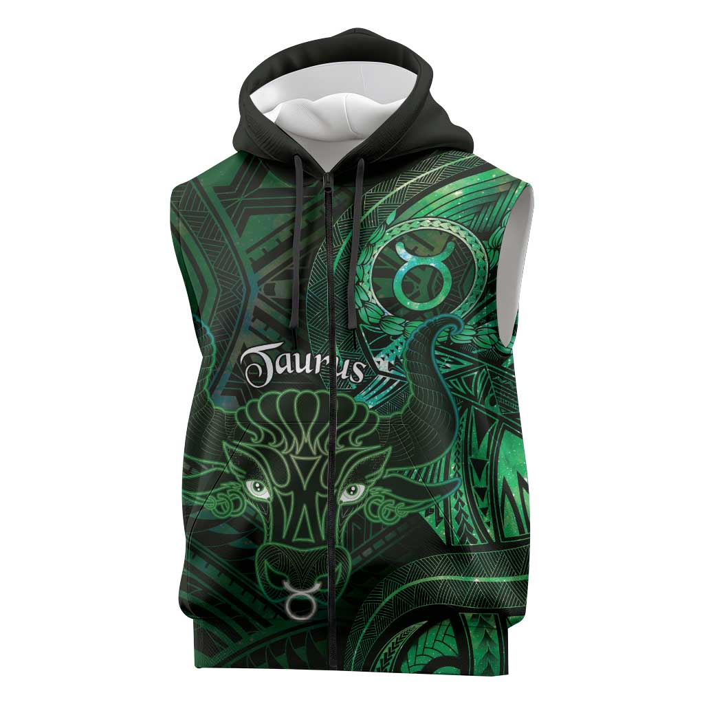 Personalised Polynesia Zodiac Taurus Sleeveless Zip Hoodie Galaxy Polynesian Pattern Chest Tattoo Style LT14 Green - Polynesian Pride