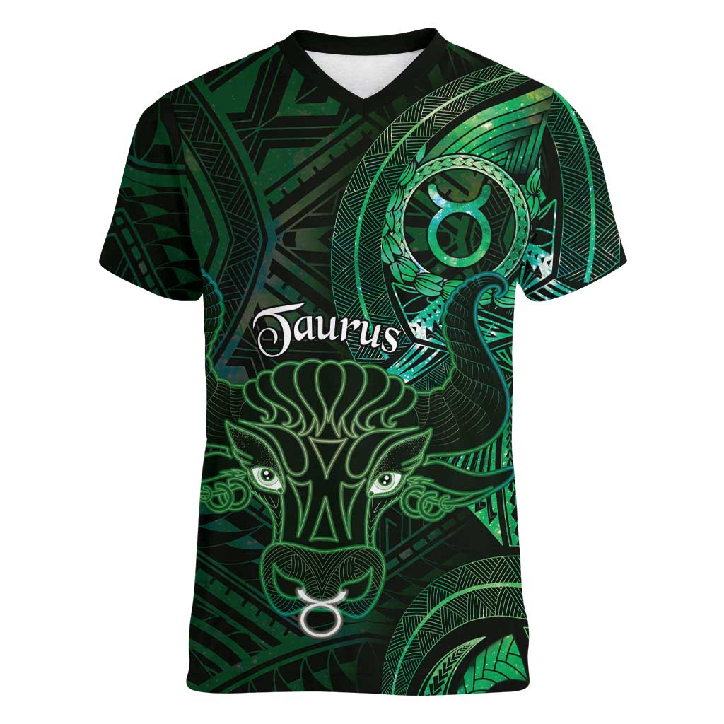 Personalised Polynesia Zodiac Taurus Women V-Neck T-Shirt Galaxy Polynesian Pattern Chest Tattoo Style LT14 Female Green - Polynesian Pride