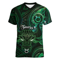 Personalised Polynesia Zodiac Taurus Women V-Neck T-Shirt Galaxy Polynesian Pattern Chest Tattoo Style LT14 Female Green - Polynesian Pride