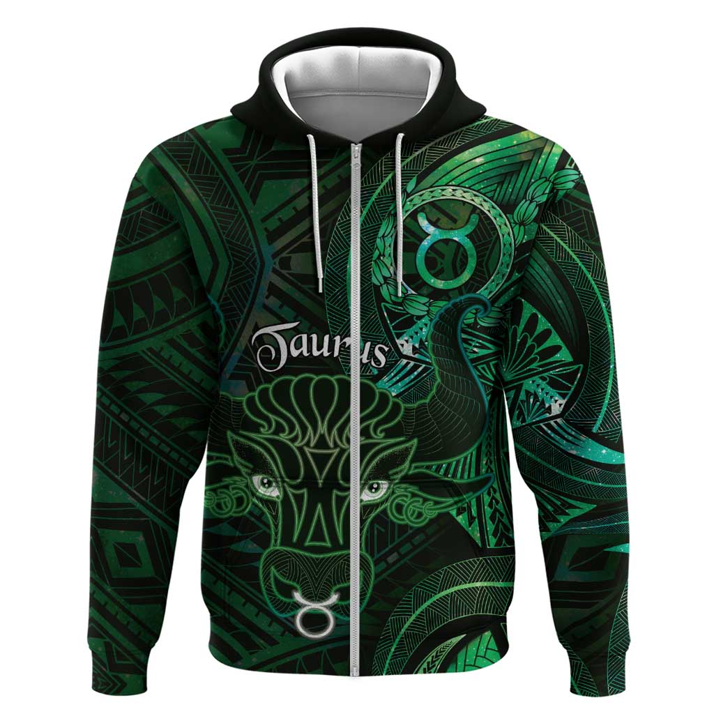 Personalised Polynesia Zodiac Taurus Zip Hoodie Galaxy Polynesian Pattern Chest Tattoo Style LT14 Zip Hoodie Green - Polynesian Pride
