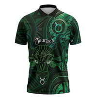 Personalised Polynesia Zodiac Taurus Zipper Polo Shirt Galaxy Polynesian Pattern Chest Tattoo Style LT14 Green - Polynesian Pride