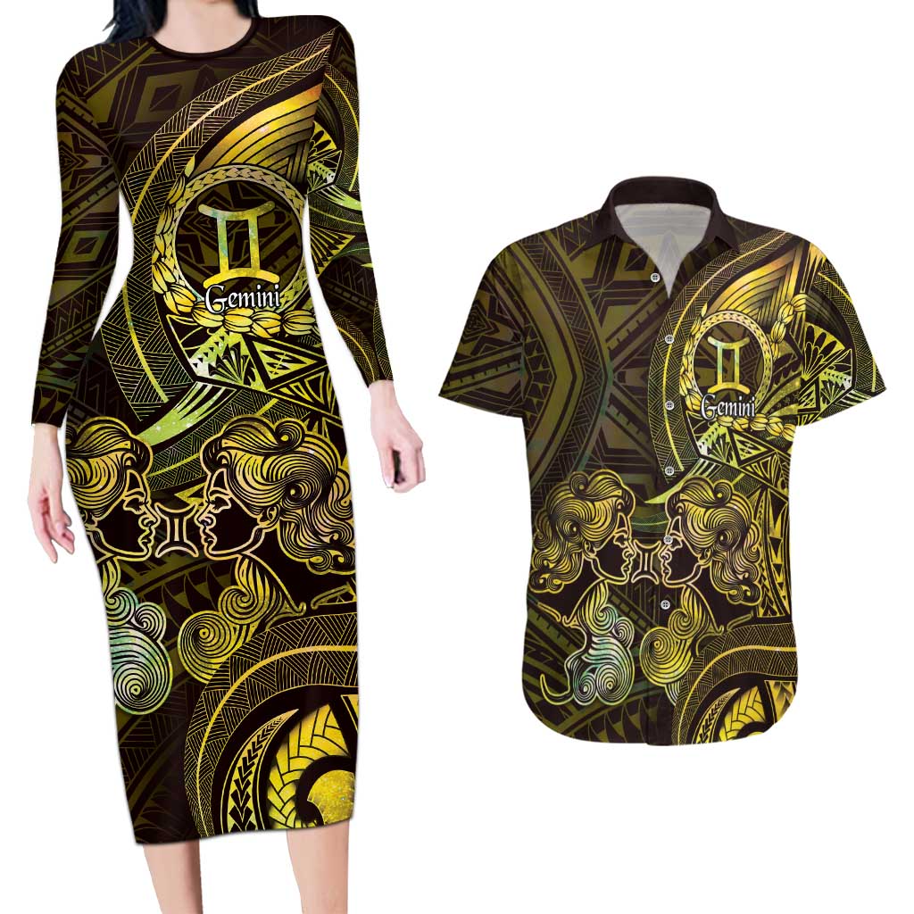 Personalised Polynesia Zodiac Gemini Couples Matching Long Sleeve Bodycon Dress and Hawaiian Shirt Galaxy Polynesian Pattern Chest Tattoo Style LT14 Yellow - Polynesian Pride