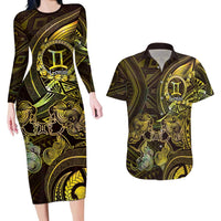 Personalised Polynesia Zodiac Gemini Couples Matching Long Sleeve Bodycon Dress and Hawaiian Shirt Galaxy Polynesian Pattern Chest Tattoo Style LT14 Yellow - Polynesian Pride