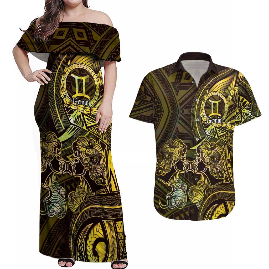 Personalised Polynesia Zodiac Gemini Couples Matching Off Shoulder Maxi Dress and Hawaiian Shirt Galaxy Polynesian Pattern Chest Tattoo Style