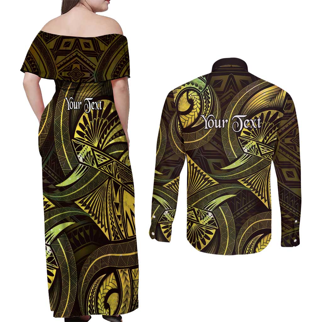 Personalised Polynesia Zodiac Gemini Couples Matching Off Shoulder Maxi Dress and Long Sleeve Button Shirt Galaxy Polynesian Pattern Chest Tattoo Style