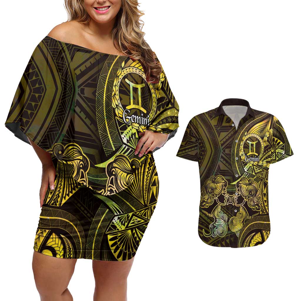 Personalised Polynesia Zodiac Gemini Couples Matching Off Shoulder Short Dress and Hawaiian Shirt Galaxy Polynesian Pattern Chest Tattoo Style LT14 Yellow - Polynesian Pride