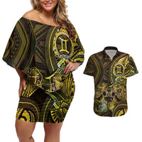 Personalised Polynesia Zodiac Gemini Couples Matching Off Shoulder Short Dress and Hawaiian Shirt Galaxy Polynesian Pattern Chest Tattoo Style LT14 Yellow - Polynesian Pride
