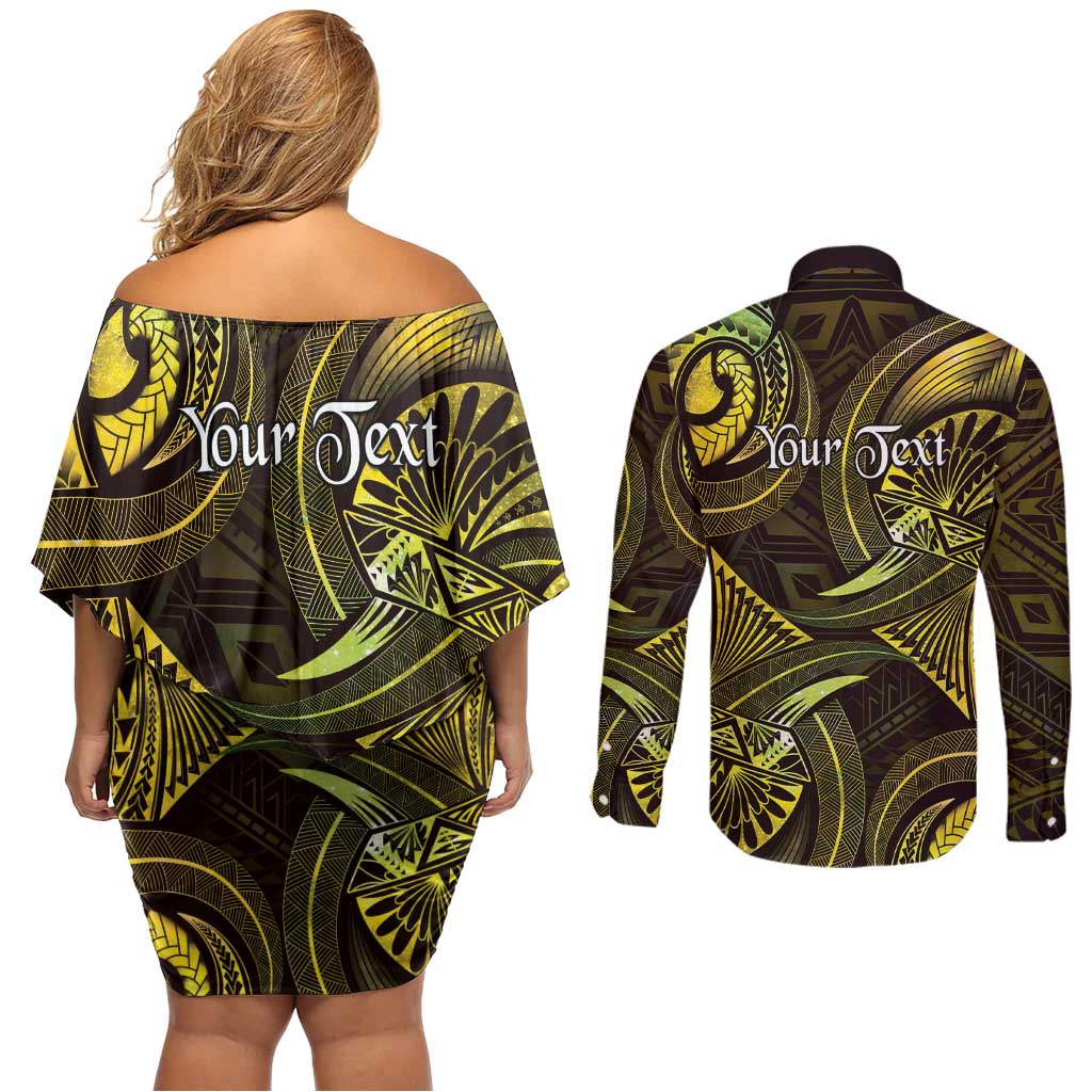 Personalised Polynesia Zodiac Gemini Couples Matching Off Shoulder Short Dress and Long Sleeve Button Shirt Galaxy Polynesian Pattern Chest Tattoo Style