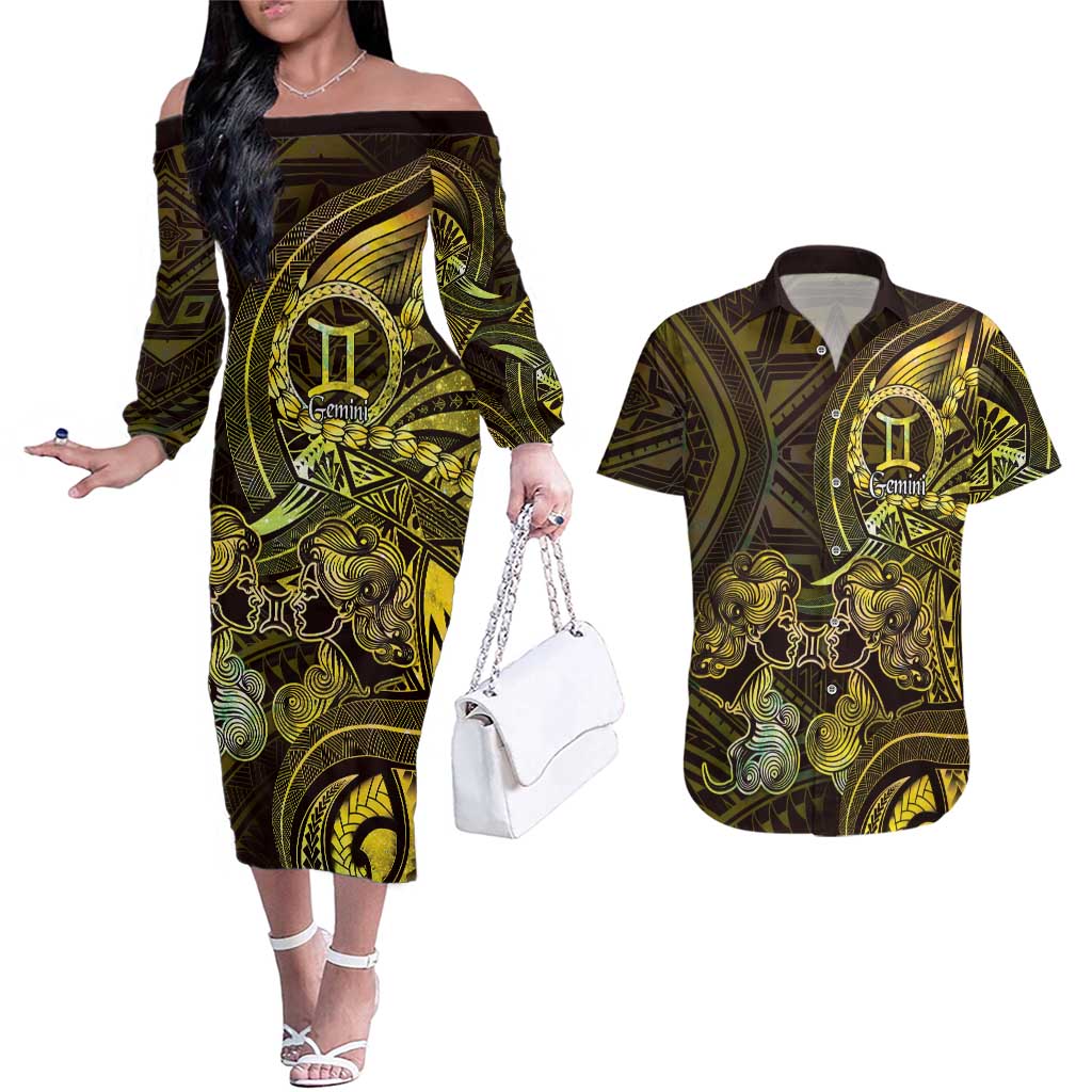 Personalised Polynesia Zodiac Gemini Couples Matching Off The Shoulder Long Sleeve Dress and Hawaiian Shirt Galaxy Polynesian Pattern Chest Tattoo Style