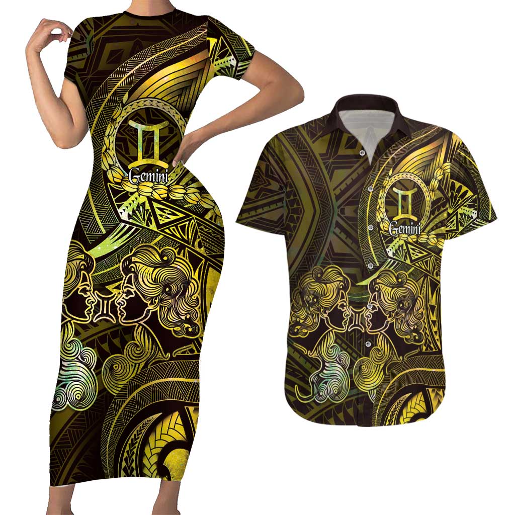 Personalised Polynesia Zodiac Gemini Couples Matching Short Sleeve Bodycon Dress and Hawaiian Shirt Galaxy Polynesian Pattern Chest Tattoo Style LT14 Yellow - Polynesian Pride