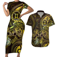 Personalised Polynesia Zodiac Gemini Couples Matching Short Sleeve Bodycon Dress and Hawaiian Shirt Galaxy Polynesian Pattern Chest Tattoo Style LT14 Yellow - Polynesian Pride