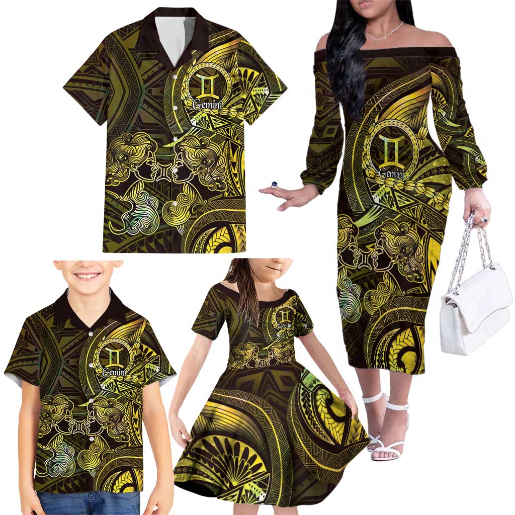 Personalised Polynesia Zodiac Gemini Family Matching Off The Shoulder Long Sleeve Dress and Hawaiian Shirt Galaxy Polynesian Pattern Chest Tattoo Style