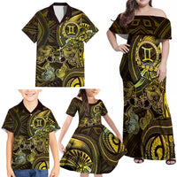 Personalised Polynesia Zodiac Gemini Family Matching Off Shoulder Maxi Dress and Hawaiian Shirt Galaxy Polynesian Pattern Chest Tattoo Style