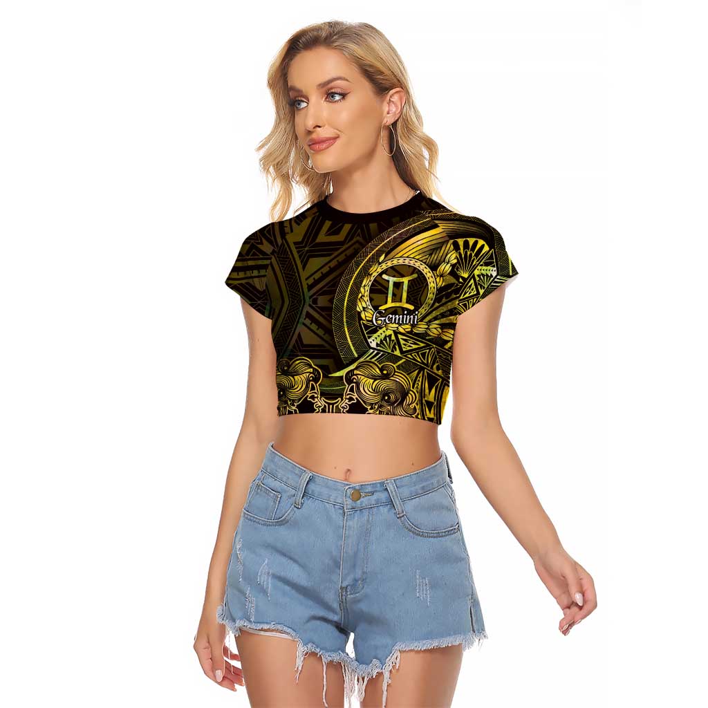 Personalised Polynesia Zodiac Gemini Raglan Cropped T Shirt Galaxy Polynesian Pattern Chest Tattoo Style LT14 Female Yellow - Polynesian Pride