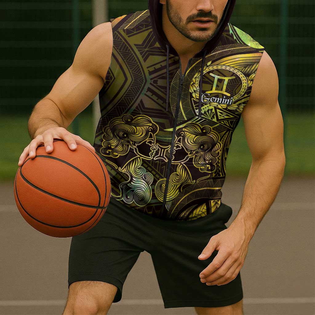 Personalised Polynesia Zodiac Gemini Sleeveless Zip Hoodie Galaxy Polynesian Pattern Chest Tattoo Style LT14 - Polynesian Pride