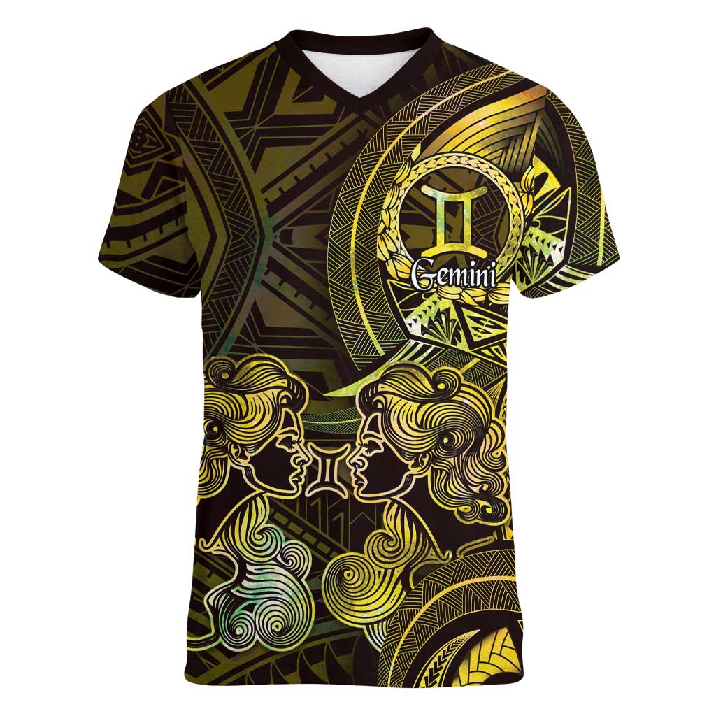 Personalised Polynesia Zodiac Gemini Women V-Neck T-Shirt Galaxy Polynesian Pattern Chest Tattoo Style LT14 Female Yellow - Polynesian Pride