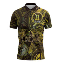 Personalised Polynesia Zodiac Gemini Zipper Polo Shirt Galaxy Polynesian Pattern Chest Tattoo Style LT14 Yellow - Polynesian Pride