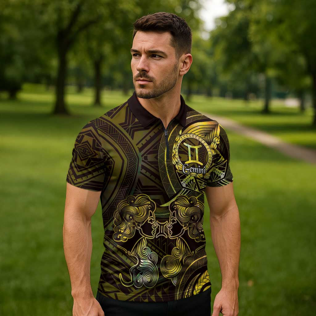 Personalised Polynesia Zodiac Gemini Zipper Polo Shirt Galaxy Polynesian Pattern Chest Tattoo Style LT14 - Polynesian Pride