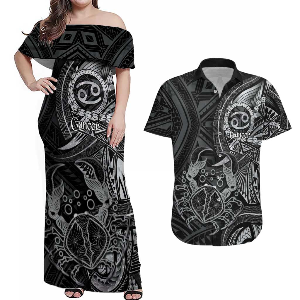Personalised Polynesia Zodiac Cancer Couples Matching Off Shoulder Maxi Dress and Hawaiian Shirt Galaxy Polynesian Pattern Chest Tattoo Style
