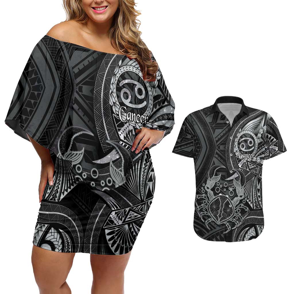 Personalised Polynesia Zodiac Cancer Couples Matching Off Shoulder Short Dress and Hawaiian Shirt Galaxy Polynesian Pattern Chest Tattoo Style LT14 Black - Polynesian Pride