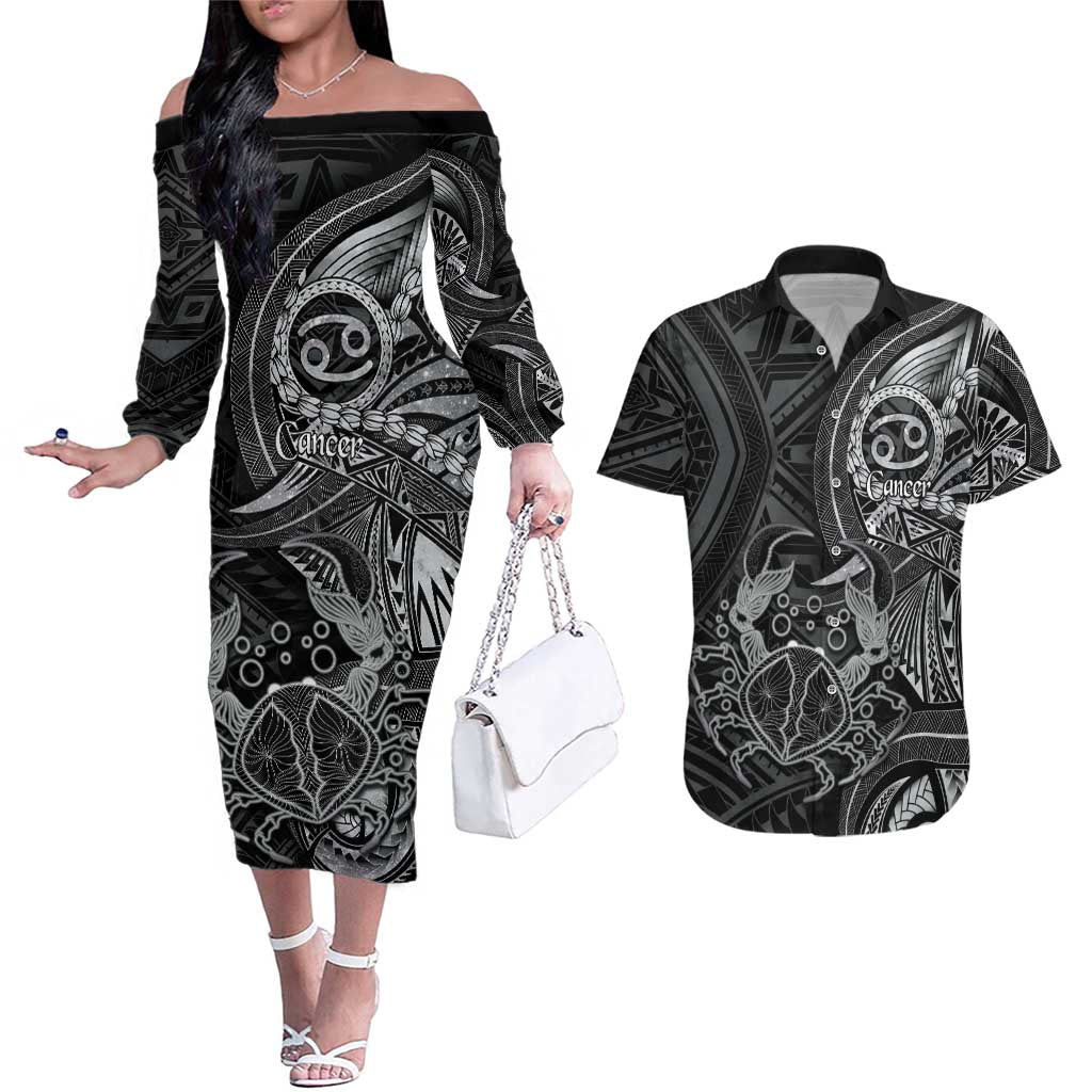 Personalised Polynesia Zodiac Cancer Couples Matching Off The Shoulder Long Sleeve Dress and Hawaiian Shirt Galaxy Polynesian Pattern Chest Tattoo Style LT14 Black - Polynesian Pride