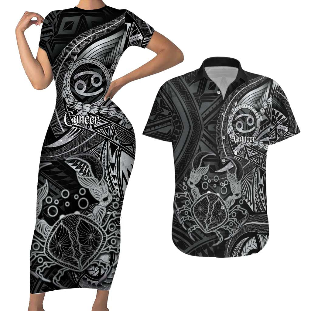 Personalised Polynesia Zodiac Cancer Couples Matching Short Sleeve Bodycon Dress and Hawaiian Shirt Galaxy Polynesian Pattern Chest Tattoo Style LT14 Black - Polynesian Pride
