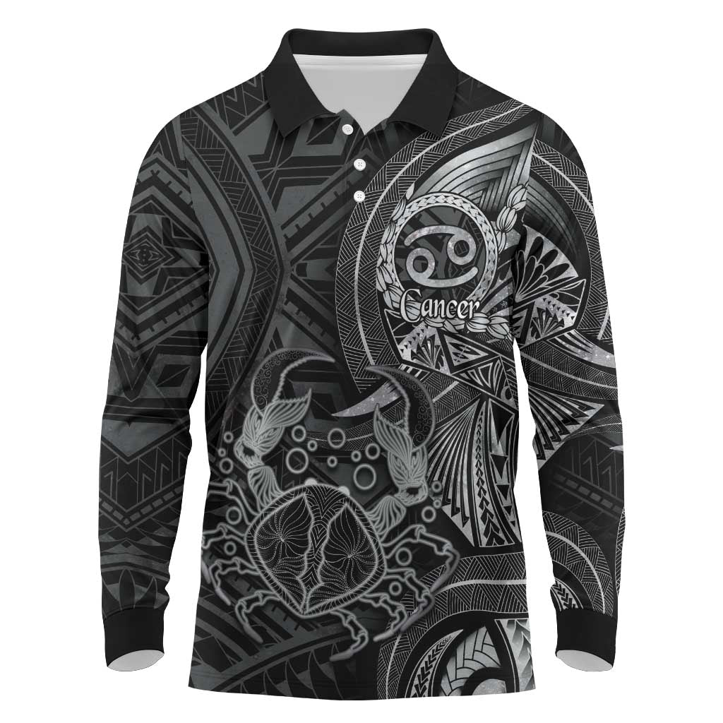 Personalised Polynesia Zodiac Cancer Long Sleeve Polo Shirt Galaxy Polynesian Pattern Chest Tattoo Style