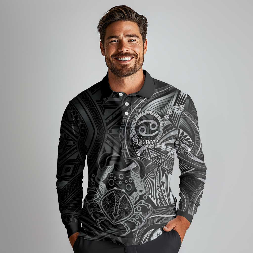 Personalised Polynesia Zodiac Cancer Long Sleeve Polo Shirt Galaxy Polynesian Pattern Chest Tattoo Style