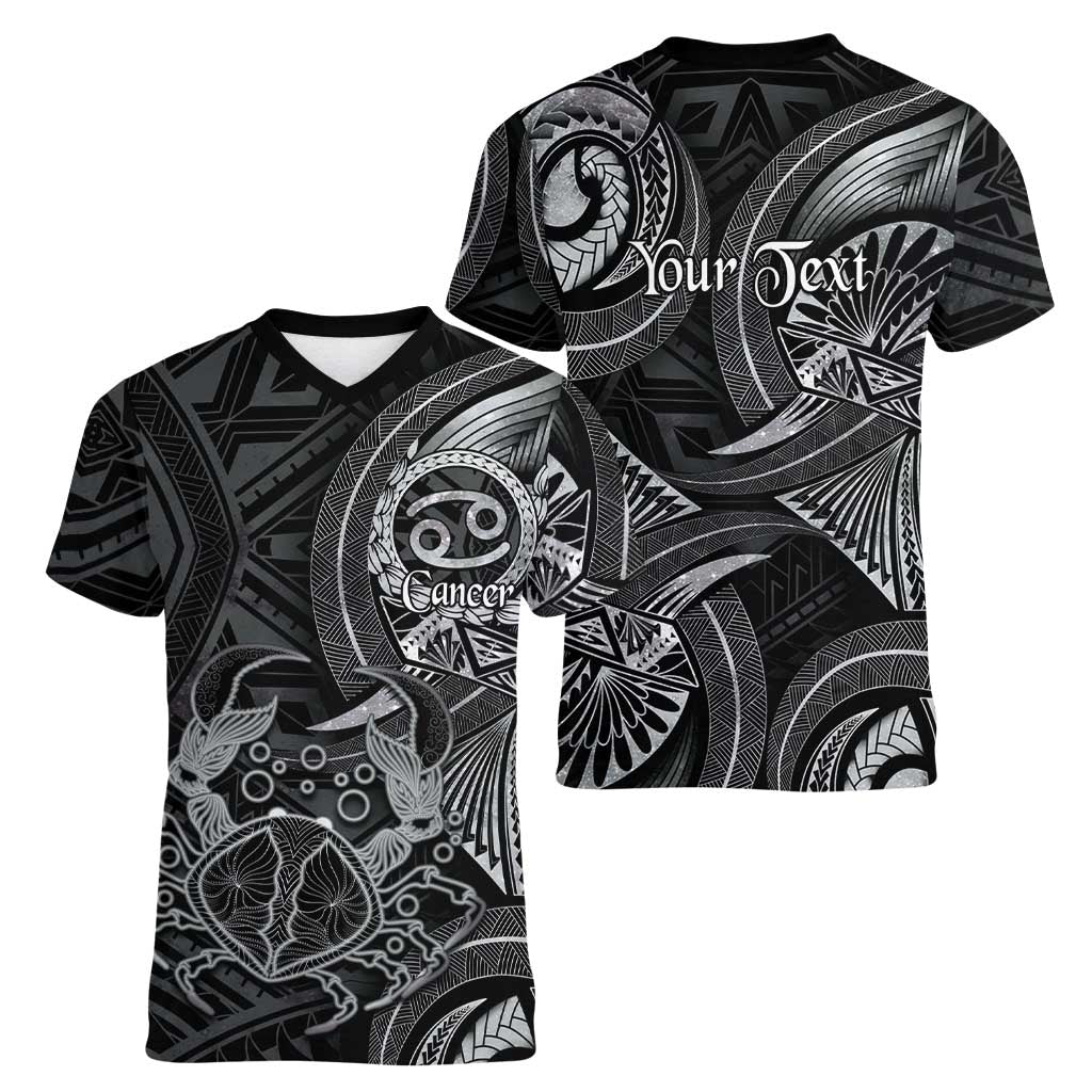 Personalised Polynesia Zodiac Cancer Women V-Neck T-Shirt Galaxy Polynesian Pattern Chest Tattoo Style