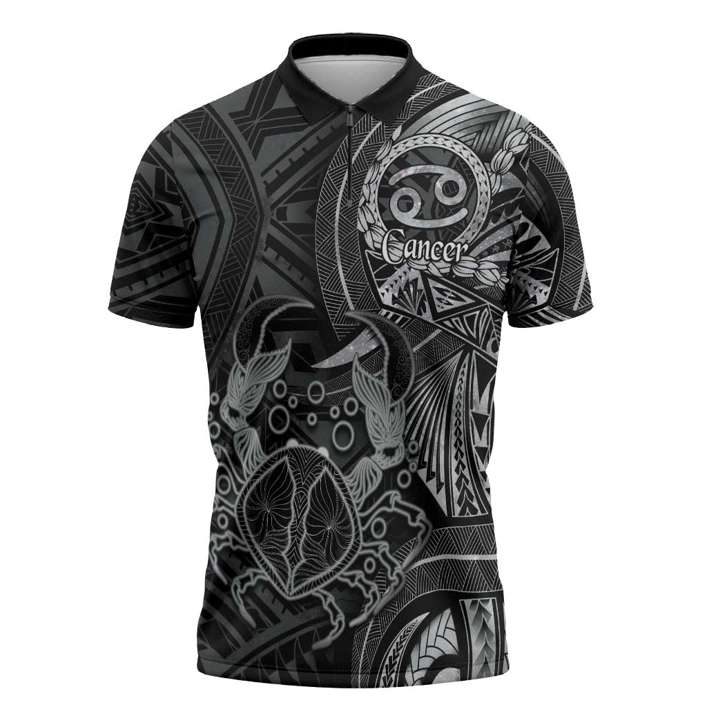 Personalised Polynesia Zodiac Cancer Zipper Polo Shirt Galaxy Polynesian Pattern Chest Tattoo Style LT14 Black - Polynesian Pride